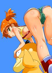 ass bent_over booty_shorts cameltoe clothed dat_ass denim_clothing denim_shorts female human human_only interspecies jean_shorts kasumi_(pokemon) legs looking_back nintendo panties partially_visible_vulva pokemon psyduck shiny short_shorts shorts simple_background tashiromotoi