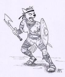 2016 anthro axe breasts clothing female footwear greyscale harness headband holding_object holding_weapon hyena mammal melee_weapon monochrome mostly_nude navel nipples open_mouth pussy rabbi-tom sandals shield simple_background solo spotted_hyena standing sword weapon white_background