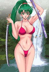 1girls bikini breasts cartoony earrings female female_only fire_emblem fire_emblem:_the_blazing_blade green_eyes green_hair hair_tie holding_weapon koutenki-en long_green_hair lyn_(fire_emblem) lyndis_(fire_emblem) navel scabbard silegy smile solo standing sword waterfall weapon