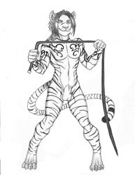 1boy animal_genitalia anthro autumm_airwave balls feline full_body fully_sheathed furry male male_only mammal monochrome nude sheath smile solo standing tiger whip