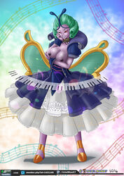 artist_name breast_hold breasts dress duel_monster female green_hair keyboard large_breasts musical_note nipples purple_dress purple_nipples purple_skin shopina_the_melodious_maestra smile solo urielmanx7 wings yu-gi-oh! yuu-gi-ou_duel_monsters