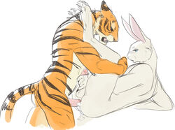 anal anthro balls cum feline fur lagomorph male mammal penis predator/prey rabbit salvation simple_background stripes tiger white_background white_fur yaoi