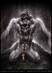 2015 amulet angel animal_genitalia animal_penis blue_eyes bondage bound canine canine_penis chains cock_ring coyote grin grrrwolf handcuffs harness hybrid imprisonment kneeling knot leather lobodiablo male mammal nephilim nipples paws penis pentagram punishment shackles slave stare wings wolf