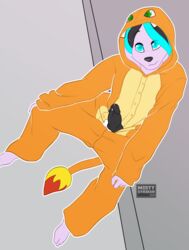 1boy 2016 animal_genitalia animal_penis barefoot black_hair black_penis blue_eyes blue_hair canine canine_penis charmander charmander_(cosplay) clothed cosplay costume erection feet fur furry hood knot looking_at_viewer looking_up male mammal mistystriker nintendo original_character penis penis_out pink_fur pokemon pokemon_(cosplay) purple_fur rabbit sitting smile solo tail text toes video_games