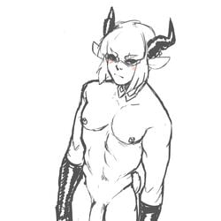 2016 absurd_res animal_humanoid blush caprine clothing digital_media_(artwork) flaccid gloves goat_humanoid hair hi_res horn humanoid humanoid_penis looking_at_viewer male male_only mammal monochrome nipple_piercing nipples nox_(artist) penis piercing simple_background sketch solo standing white_background