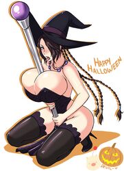 bare_shoulders between_breasts black_legwear black_nails blush braid breasts brown_hair cleavage covered_nipples devil-v ear_piercing earrings eyeshadow female final_fantasy final_fantasy_x hair_over_one_eye halloween hat high_heels huge_breasts kneeling licking lipstick long_hair looking_at_viewer lulu_(final_fantasy) makeup mole mole_under_mouth multiple_braids nail_polish necklace object_between_breasts pelvic_curtain phallic_symbol red_eyes saliva solo thighhighs tied_hair tongue tongue_out wand witch_hat