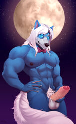 abs biceps bow_tie canine erection hair holding_penis looking_at_viewer male male_only mammal mariart moon muscular muscular_male nipples pecs penis pubes solo uncut vein veiny_penis white_hair wilford_wolf wolf