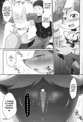 after_sex blush braixen canine censored comic doujinshi embarrassed fangs female fox fur furry greyscale hair heart human interspecies japanese juice kemoitno male mammal mizo_ne monochrome nintendo penis pokémon_(species) pokemon pokemon_(species) pussy smile stick straight sweat text thigh_gap tongue translated video_games wet