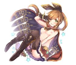 between_legs black_boots black_gloves black_legwear book boots breasts brown_hair cape clarisse_(granblue_fantasy) cleavage cum cum_on_body facial female gloves granblue_fantasy green_eyes hand_between_legs highres kaenuco knee_boots long_hair looking_at_viewer medium_breasts navel nipples one_eye_closed open_mouth pleated_skirt simple_background skirt solo star thighhighs topless white_background