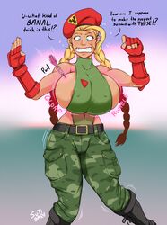 beret blonde_hair blue_eyes breast_expansion breast_growth breasts busty cammy_white camo dart expansion female growth hat hourglass_figure large_breasts navel pants scar solo street_fighter sutibaru twin_braids voluptuous