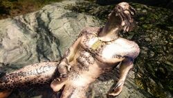 abs anthro argonian balls hair humanoid_penis jewelry leaning_back lizard male_only masturbation mmoboys mmoboys_(artist) muscular necklace orgasm_face outside penis reptile scales scalie skyrim solo the_elder_scrolls uncut video_games