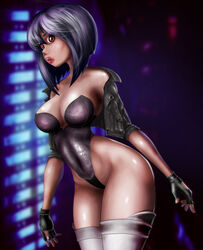 absurdres breasts eyelashes female female_only fingerless_gloves ghost_in_the_shell ghost_in_the_shell_stand_alone_complex gloves grenodeur highres jacket kusanagi_motoko large_breasts leather_jacket lipstick purple_hair red_eyes red_lipstick short_hair solo thick_lips thick_thighs thighhighs voluptuous wide_hips