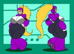 armor ass big_breasts big_butt blonde_hair blue_eyes breasts bulge clothing footwear futanari hair helmet huge_breasts huge_butt humanoid intersex jazz_(oc) kaboozle latex latex_bodysuit latex_breasts latex_futa latex_skin latex_skinsuit latex_suit machine robot smile