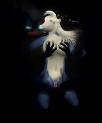 1boy 1girls 2016 anthro anthrofied areolae black_background blue_eyes blue_fur breast_grab breasts closed_eyes cresselia cum darkrai dialogue faceless_male female from_behind_position furry glowing glowing_eyes grabbing_from_behind hair hand_on_breast heart hi_res interspecies legendary_pokemon long_hair male navel nintendo nipples nude open_mouth penetration penis pokemon pokemon_(species) pokemorph pussy restrained sex simple_background straight testowepiwko text vaginal_penetration video_games wet white_fur white_hair