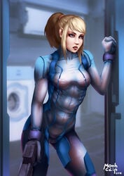 1girls anger angry annoyed appliance armed blonde_hair bodysuit cleavage clothed facing_viewer female female_only gun laundry looking_at_viewer metroid mothclip nintendo nipples pistol ponytail pussy samus_aran see-through solo tied_hair transparent unhappy upset washing_machine weapon