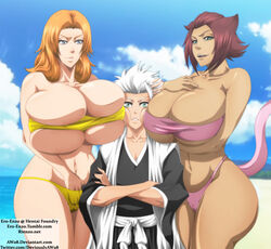 2girls bikini bleach blue_eyes breasts brown_hair bursting_breasts busty cameltoe cat_ears catgirl cleavage ero-enzo feline female fingering gigantic_breasts green_eyes haineko head_between_breasts height_difference hourglass_figure huge_ass huge_breasts human humanoid larger_female male masturbation matsumoto_rangiku orange_hair pink_bikini shorter_male size_difference skimpy skindentation smaller_male straight swimsuit tail taller_female taller_girl toshiro_hitsugaya undersized_clothes voluptuous white_hair wide_hips yellow_bikini