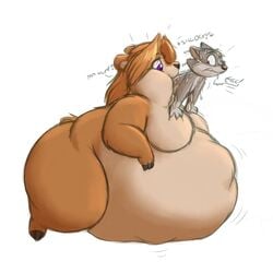 anthro bear belly belly_expansion big_belly blonde_hair body_in_mouth breasts duo featureless_breasts feet_first feline female hair hyper hyper_belly inflation male mammal oral_vore overweight overweight_female purple_eyes saliva scott_calico soft_vore straight thick_thighs vore