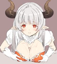 alicia_(granblue_fantasy) bangs blunt_bangs blush breasts cleavage closed_mouth cum cum_on_body cum_on_breasts cum_on_upper_body doraf dress earrings eyebrows eyebrows_visible_through_hair female flat_colors gloves granblue_fantasy horns jewelry koza_game lace lace-trimmed_gloves long_hair looking_at_viewer mature paizuri penis pointy_ears puffy_short_sleeves puffy_sleeves purple_background red_dress red_eyes short_sleeves silver_hair smile solo_focus white_gloves