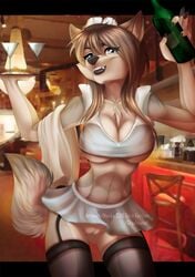 2016 5_fingers anthro black_bars breasts brown_hair canine detailed_background eyelashes female fur gradiewoof grey_eyes grey_fur hair holding_object looking_at_viewer mammal midriff navel pussy smile solo standing teeth wide_hips wolf