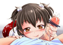 battle_girl_high_school blush brown_eyes brown_hair buruma censored cum cum_on_clothes cute_fang facial female gym_uniform hair_ornament handjob kanoe minami_hinata penis penis_on_face short_hair short_twintails solo_focus sweat tied_hair tongue tongue_out twintails