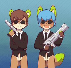 balls blush bottomless canine circumcised clothed clothing cute_fangs duo erection eyewear formal fox front_view glans holding_object holding_weapon humanoid_penis male male_only mammal men_in_black mustelid necktie open_mouth otter penis rusty_(darkrusty) smile standing suit sunglasses weapon whiteleo