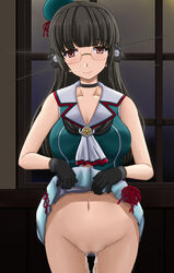 beret black_gloves black_hair blush breasts censored choker choukai_(kantai_collection) cleavage female gloves hair_ornament hat kantai_collection large_breasts long_hair looking_at_viewer mini_hat mosaic_censoring navel no_panties oyabun_(higashi) pleated_skirt pussy pussy_juice radio_antenna red_eyes remodel_(kantai_collection) school_uniform serafuku skirt skirt_lift smile solo thigh_gap