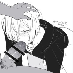 2boys blush cum drooling erection fellatio femboy gay girly hand_on_head head_grab male_only monochrome multiple_boys oral penis saliva sucking sweat tagme white_background yaoi yuri!!!_on_ice yuri_plisetsky