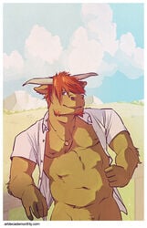 anthro artdecade bovine cattle clothed clothing facial_hair hair horn jewelry leaning male_only mammal musclegut necklace open_clothes open_shirt orange_hair outside portrait shirt smile solo source_request three-quarter_portrait