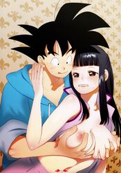 areolae bangs bare_arms black_eyes black_hair blush breast_grab breasts canon_couple chichi dragon_ball dragon_ball_z duo embarrassed eyebrows eyebrows_visible_through_hair female highres husband_and_wife large_breasts long_hair looking_at_another male milf navel nipples no_bra open_clothes simple_background sleeveless son_goku sweat tears yukimitsuki