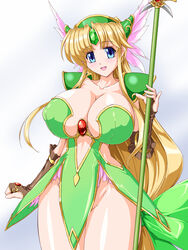 bikini_armor blonde_hair blue_eyes breasts brown_gloves cleavage collarbone curvy dress elbow_gloves emerald female fingerless_gloves gloves gradient_background hair_ornament hair_ribbon headgear highres huge_breasts long_hair looking_at_viewer mound_of_venus no_panties no_underwear open_mouth raochuu revealing_clothes ribbon riesz ruby_(stone) seiken_densetsu seiken_densetsu_3 simple_background skirt solo spear standing thick_thighs trials_of_mana trident very_long_hair weapon wide_hips