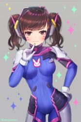 aengdohwa ahoge blush bodysuit clothed cute d.va female finger gesture looking_at_viewer overwatch posing simple_background smile standing tied_hair tight_clothes twintails