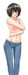 amagami black_hair blush breasts brown_eyes covering covering_breasts denim female highres jeans looking_at_viewer nanasaki_ai navel short_hair simple_background solo standing topless twrlare white_background