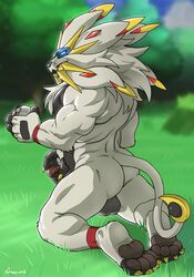 1boy anthro ass back big_ass big_penis big_testicles claws erection feet feline furry grass grey_fur holding legendary_pokemon lion looking_at_viewer looking_back male male_only muscular nintendo nude open_mouth outdoors pawpads paws penis poke_ball pokemon pokemon_sm rossciaco smile solgaleo tail testicles text thick_penis tongue white_fur