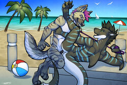 anal anthro ball beach beach_ball bondage collar dezo leash male mohawk nude penis piercingnightfall pink_hair romantic_couple seaside sex tsaiwolf yaoi