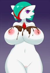 1girls big_breasts blush breasts chocolate_syrup female female_gardevoir female_only gardevoir gradient_background looking_at_viewer nintendo nipples nude pokemon pokemon_(species) pokemon_rse purple_eyes pussy simple_background smile solo tagme two_tone_hair white_skin