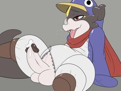 1boy alternate_color avian balls bird digimon disgaea disguise erection flat_colors half-closed_eyes humanoid_penis kami-chan looking_pleasured male male_only penguin penis precum prinny reclining retracted_foreskin rubber ryodramon scalie sitting solo tongue tongue_out uncut veemon