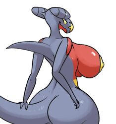 anthro anthrofied ass big_breasts big_butt breasts female garchomp huge_breasts looking_back nintendo pcred566 pokemon pokemon_(species) simple_background smile solo video_games white_background