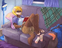 blonde_hair bottomless clothed clothing female ferret hair hindpaw lamp legwear malachyte mammal mustelid paws purple_eyes pussy reading socks sofa solo