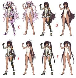 aoi_nagisa_(artist) barefoot blush boots breasts brown_hair character_sheet clothed_navel female full_body gauntlets gloves hair_ribbon leotard long_hair looking_at_viewer mizuki_yukikaze nude nude_female pink_eyes ribbon sketch small_breasts smile solo taimanin_(series) taimanin_yukikaze tan tanline thigh_boots thighhighs white_background