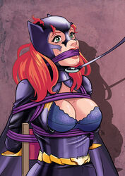 1girls barbara_gordon batgirl batman_(series) bdsm belt bondage bra breasts cleavage covered_breasts dc female female_only green_eyes jacket large_breasts long_hair mask medium_breasts pablocomics red_hair solo tagme torn_clothes underwear