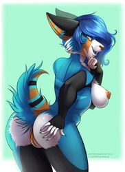 5_fingers anthro ass bare_back blue_eyes blue_fur blue_hair blue_tongue breasts female fur hair mammal nipples nude open_mouth pussy sideboob simple_background solo sorafoxyteils