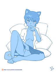 3_toes 5_fingers anthro ass blue_eyes blue_fur blue_hair blush breasts cartoon_network cleavage clothed clothing clothing_lift feline female fur hair joe_randel mammal mature_female milf mother navel nicole_watterson nicole_watterson_(anime) parent pillow pussy simple_background skirt skirt_lift solo the_amazing_world_of_gumball toes unbuttoned_shirt white_background