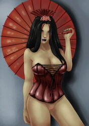 asian asian_female asian_mythology breasts cleavage corset dark_hair deity east_asian_mythology female female_only goddess hi-rez_studios izanami_(smite) japanese_mythology lingerie lips lipstick luminyu mythology purple_lips pussy satin smite solo topless uncensored underwear