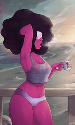 1girls afro arm_up armpits beach black_hair breasts breath cameltoe cleavage coffee_mug erect_nipples fat_mons female female_only garnet_(steven_universe) gem gem_(species) gem_fusion large_breasts midriff mug navel nipples no_pants ocean open_mouth outdoors panties pantless perky_breasts purple_skin raised_arm sand see-through sideboob solo steam steven_universe sunglasses sweat tank_top thick_lips thighs underwear water wet_clothes yellowroom