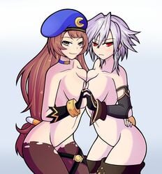 2girls arm_around_waist beret breast bridal_gauntlets brown_hair c-sha choker elbow_gloves gloves grey_eyes hat holding_hands long_hair looking_at_viewer multiple_girls navel neptunia_(series) nude red_eyes s-sha santystuff short_hair silver_hair simple_background symmetrical_docking thighhighs very_long_hair