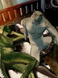 anthro argonian armpits balls bed bedroom closed_eyes derkeethus detailed_background duo feline flaccid furry high-angle_view humanoid_penis indoors khajiit koda_kota male mammal nude on_bed penis reclining reptile scalie skyrim source_request the_elder_scrolls yaoi