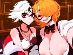 big_breasts black_and_white_hair breasts cleavage female glasses keiko_(sachiko2s) kyoko_(sachiko2s) orange_hair sachiko selfie