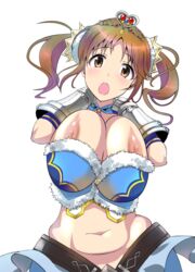 :o areolae belly bouncing_breasts breasts breasts_out brown_eyes brown_hair crown curvy female granblue_fantasy hips huge_breasts idolmaster idolmaster_cinderella_girls long_hair looking_at_viewer midriff motion_blur navel nekokan_(cat's_cradle) nipples open_mouth simple_background solo tied_hair totoki_airi twintails wardrobe_malfunction white_background wide_hips