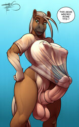 1futa 2016 anthro areola bottomless breasts brown_fur clothed clothing dialogue english_text equine erection erection_under_clothes freckles_(artist) fur futa_only futanari glans gradient_background green_eyes hair horse huge_breasts huge_cock huge_testicles hybrid_penis intersex looking_at_viewer mammal medial_ring mostly_nude nipples open_mouth penis penis_under_shirt pink_balls pink_nipples pink_penis see-through shirt simple_background smile solo solo_futa standing text white_fur