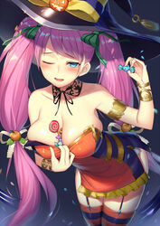 alexmaster armlet bare_shoulders between_breasts blue_eyes blush bracelet breasts candy cleavage detached_collar dress dress_pull female food_between_breasts food_themed_hair_ornament garter_straps hair_ornament hair_ribbon halloween hat highres holding jewelry large_breasts leaning_forward lollipop long_hair one_eye_closed open_mouth original petals pink_hair presenting pulled_by_self pumpkin_hair_ornament ribbon smile solo striped striped_legwear thighhighs tied_hair twintails witch_hat